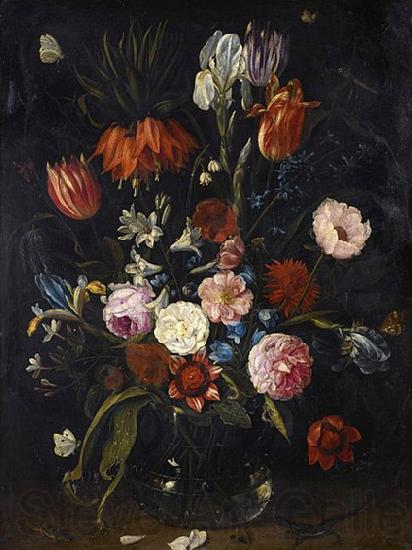 Jan Van Kessel the Younger A still life of tulips, a crown imperial, snowdrops, lilies, irises, roses and other flowers in a glass vase with a lizard, butterflies, a dragonfly a Norge oil painting art